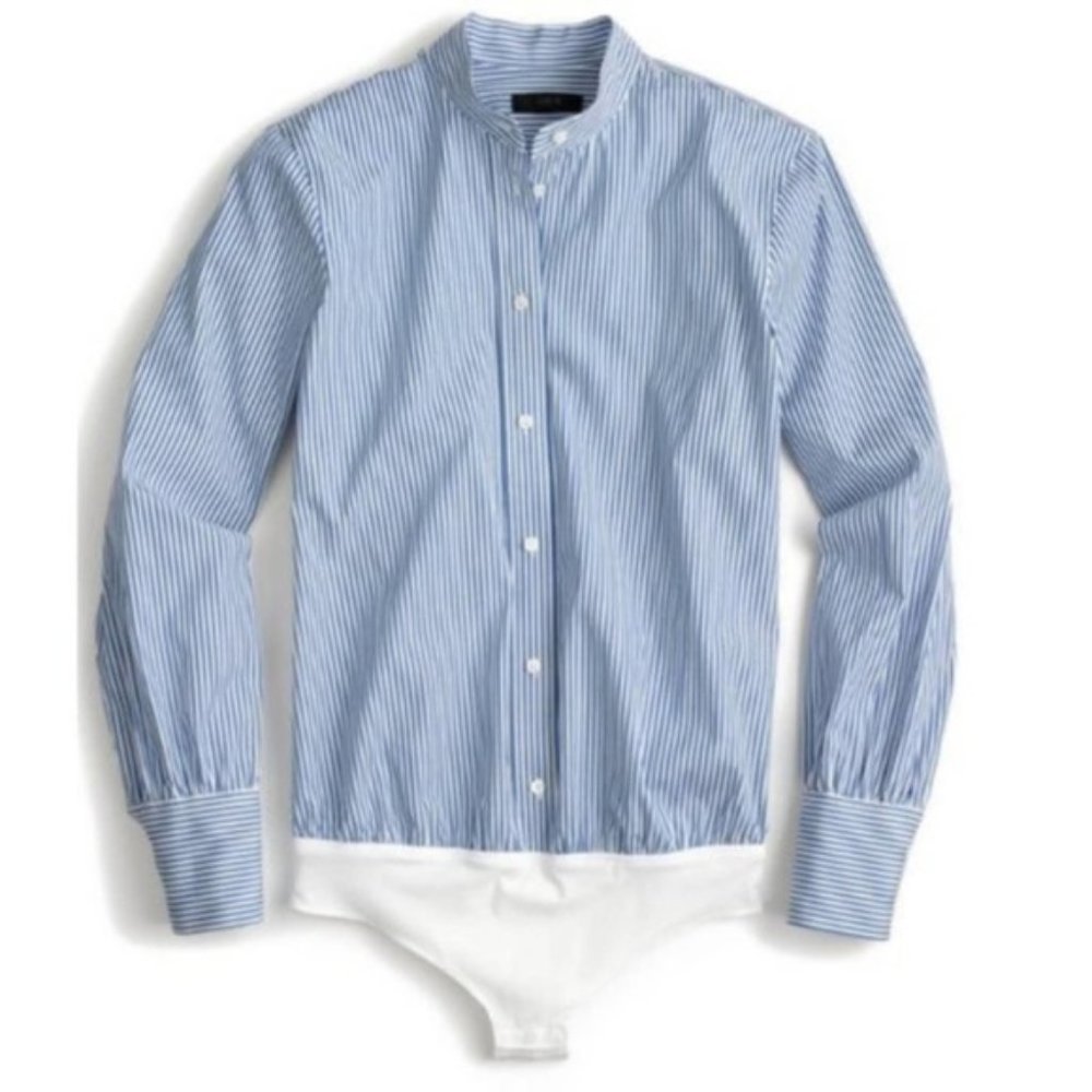 📁 J.Crew Perfect Button Down Shirt Stretch Bodysuit French Blue Stripe